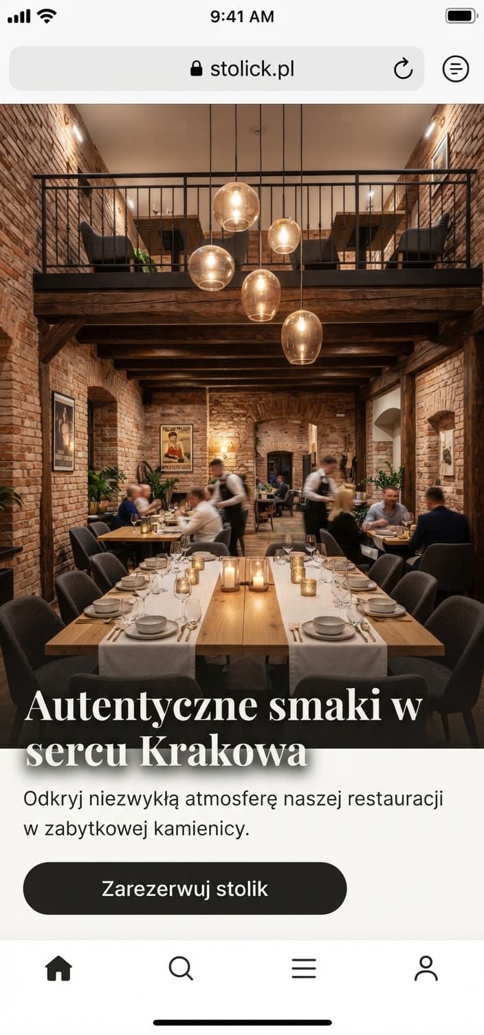 Antresola z ceglaną ścianą, dębowymi stołami na osiemnaście osób i ciepłym światłem punktowym